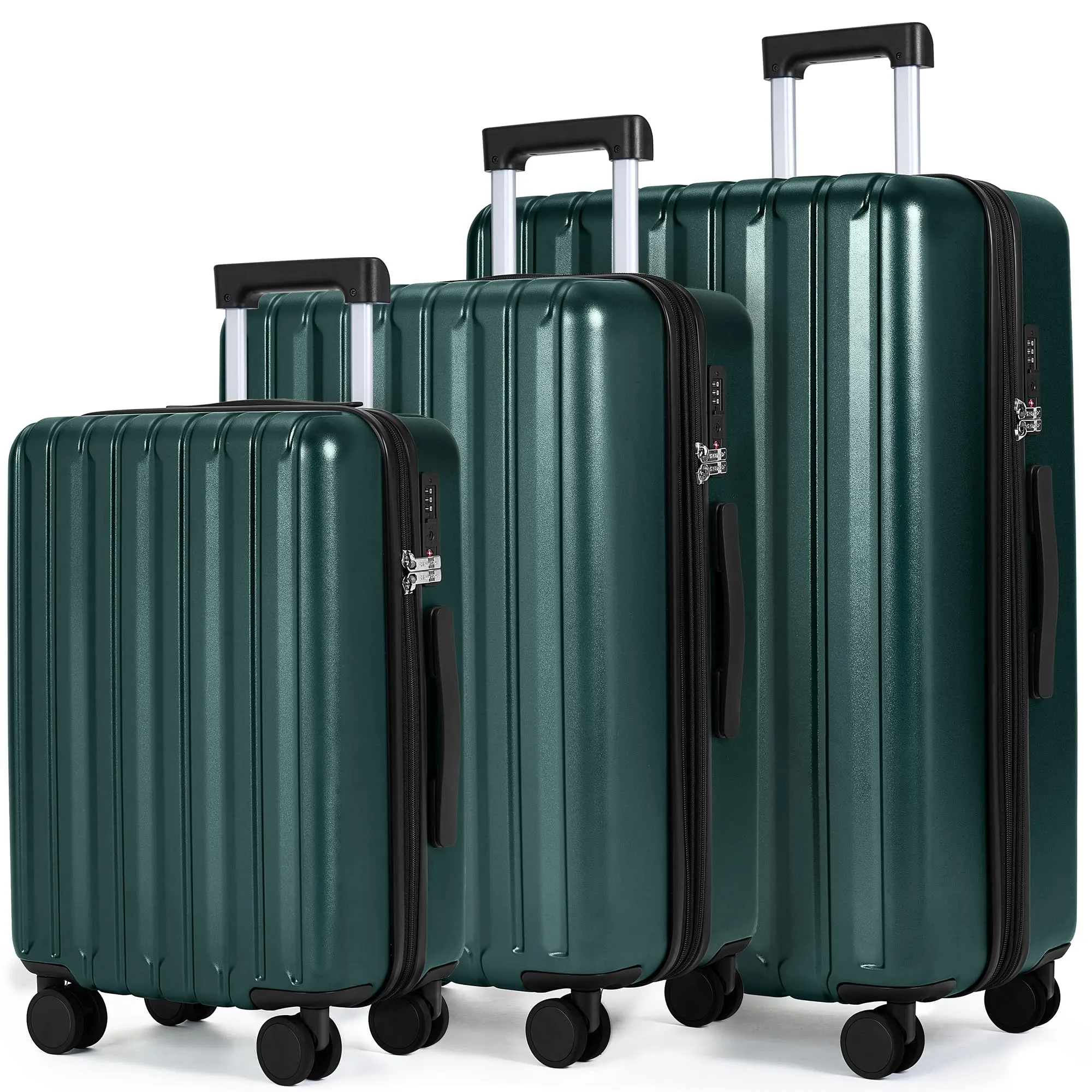 SHOWKOO Luggage Sets 3 Piece 100% PC Ultra Tough Hardside Expandable Suitcases Sets with TSA Lock Double Spinner Wheels (20in/24in/28in, Dark Green