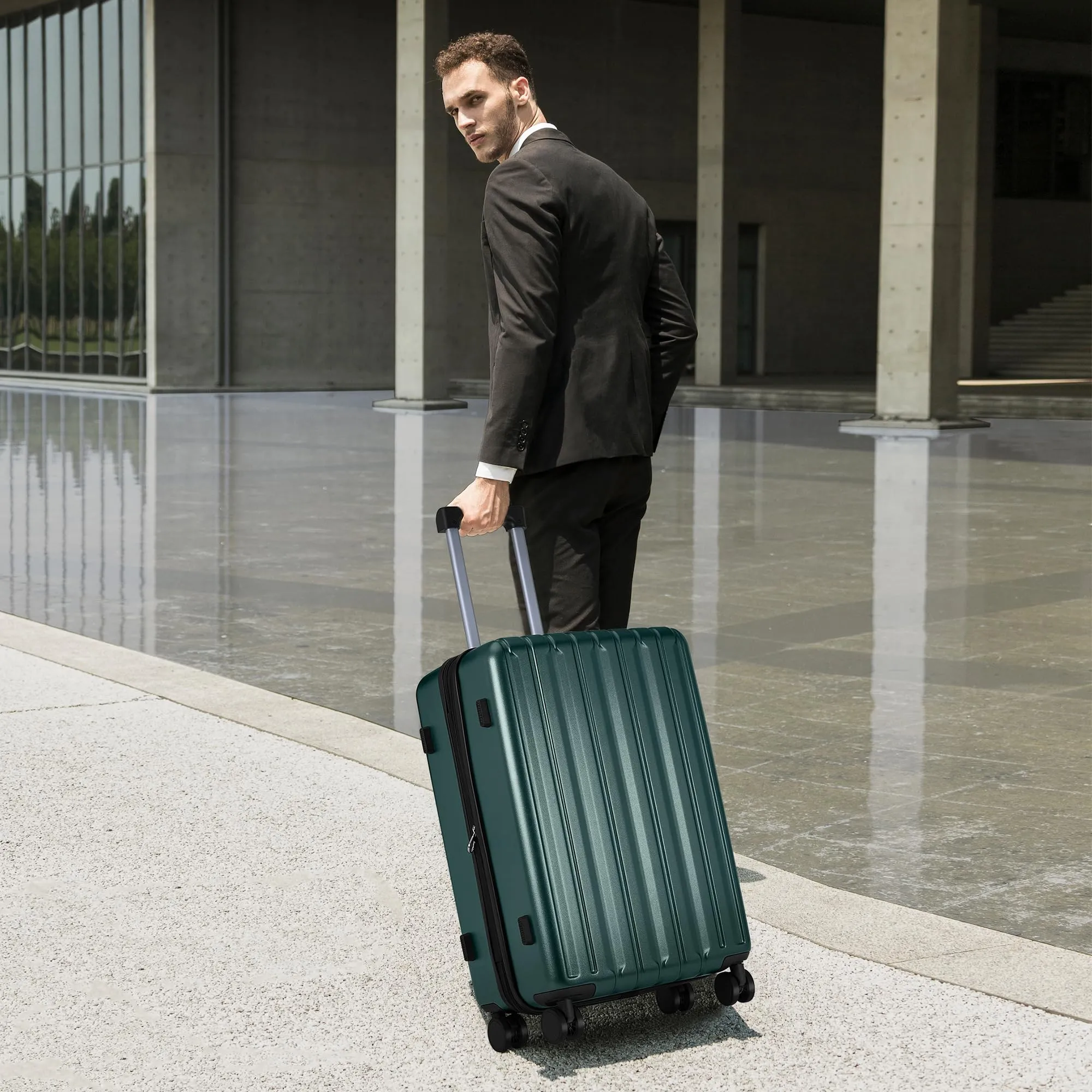 SHOWKOO Luggage Sets 3 Piece 100% PC Ultra Tough Hardside Expandable Suitcases Sets with TSA Lock Double Spinner Wheels (20in/24in/28in, Dark Green