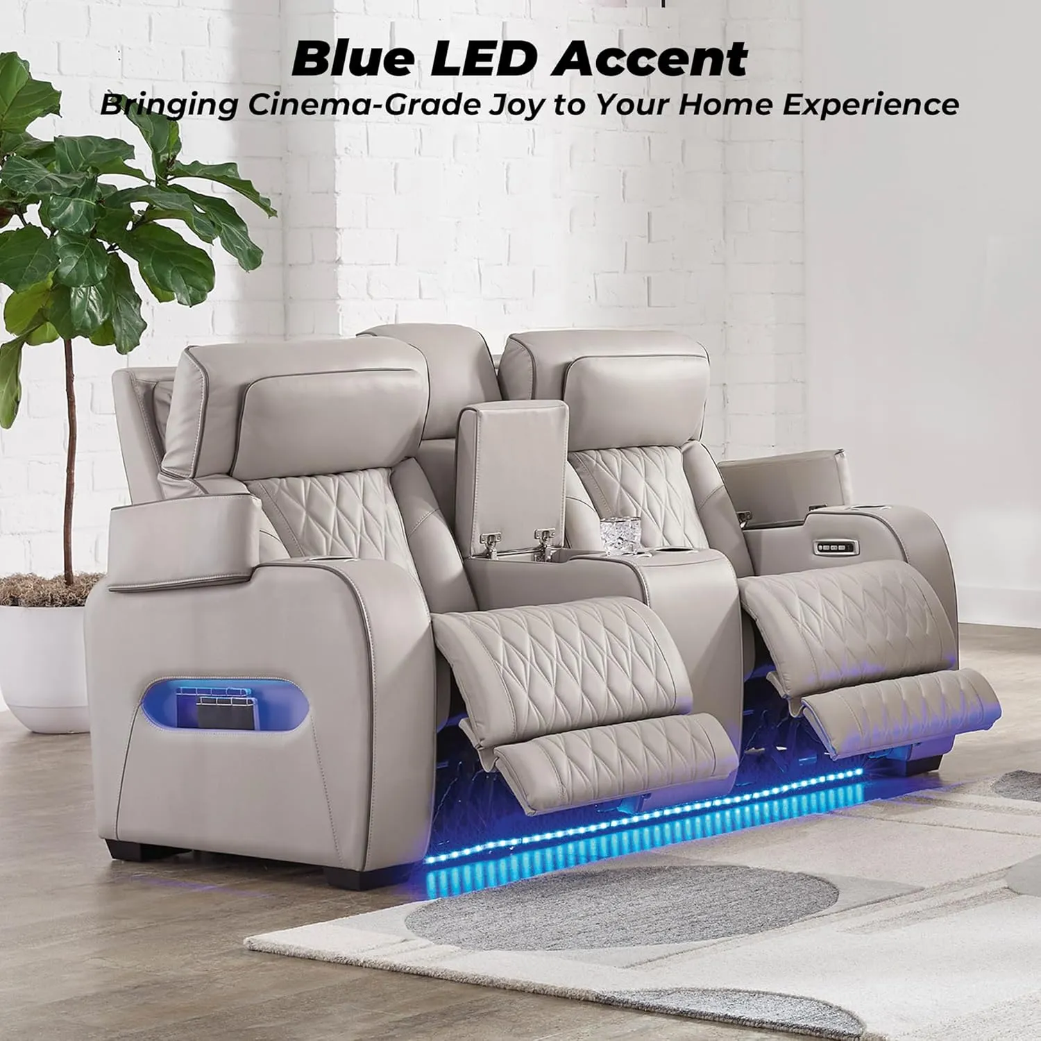Signature Design by Ashley Boyington Contemporary Leather Match Power Reclining Loveseat with Console and USB Charging Ports, LED Lights and Adjustable Headrest, Light Gray