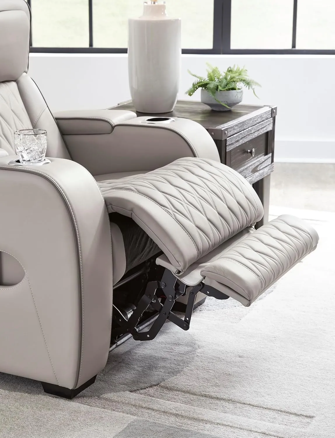 Signature Design by Ashley Boyington Contemporary Leather Match Power Reclining Loveseat with Console and USB Charging Ports, LED Lights and Adjustable Headrest, Light Gray