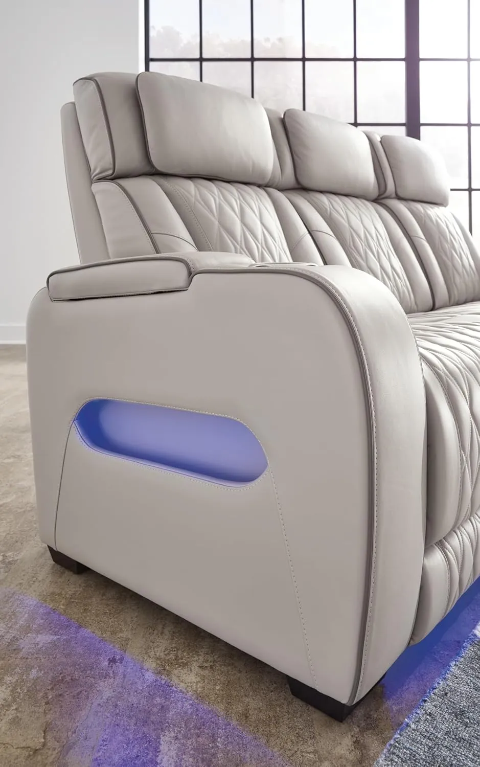 Signature Design by Ashley Boyington Contemporary Leather Match Power Reclining Loveseat with Console and USB Charging Ports, LED Lights and Adjustable Headrest, Light Gray