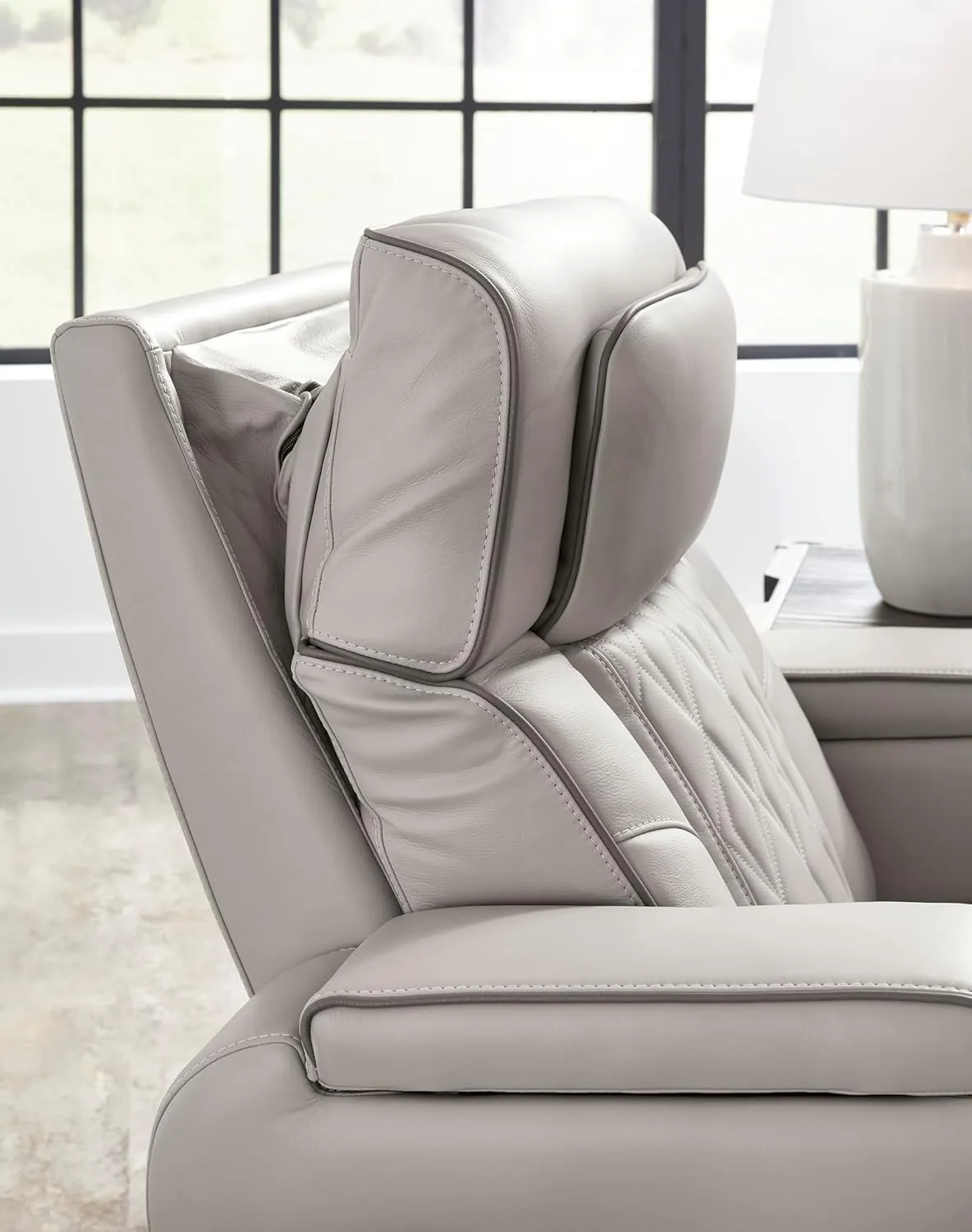 Signature Design by Ashley Boyington Contemporary Leather Match Power Reclining Loveseat with Console and USB Charging Ports, LED Lights and Adjustable Headrest, Light Gray