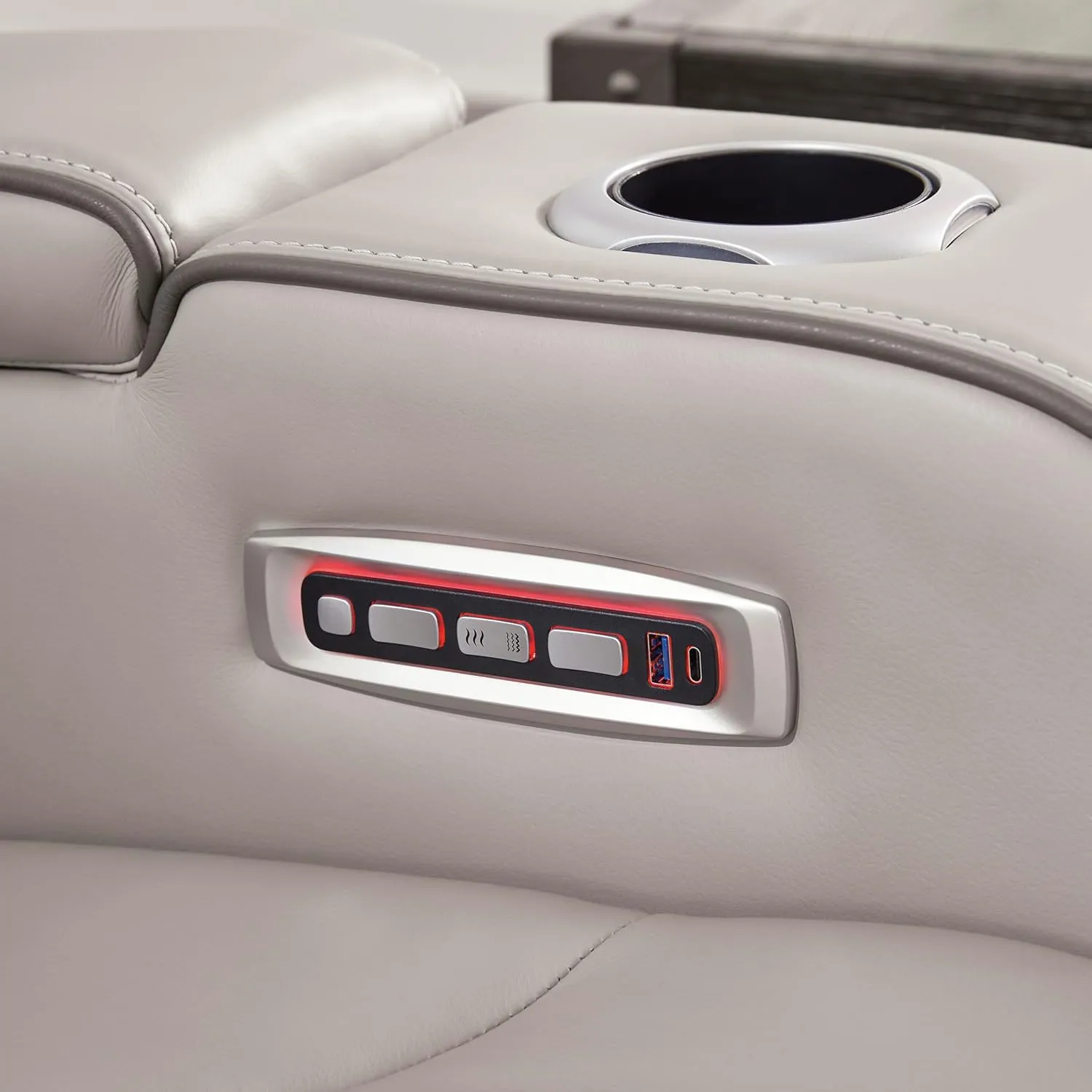 Signature Design by Ashley Boyington Contemporary Leather Match Power Reclining Loveseat with Console and USB Charging Ports, LED Lights and Adjustable Headrest, Light Gray