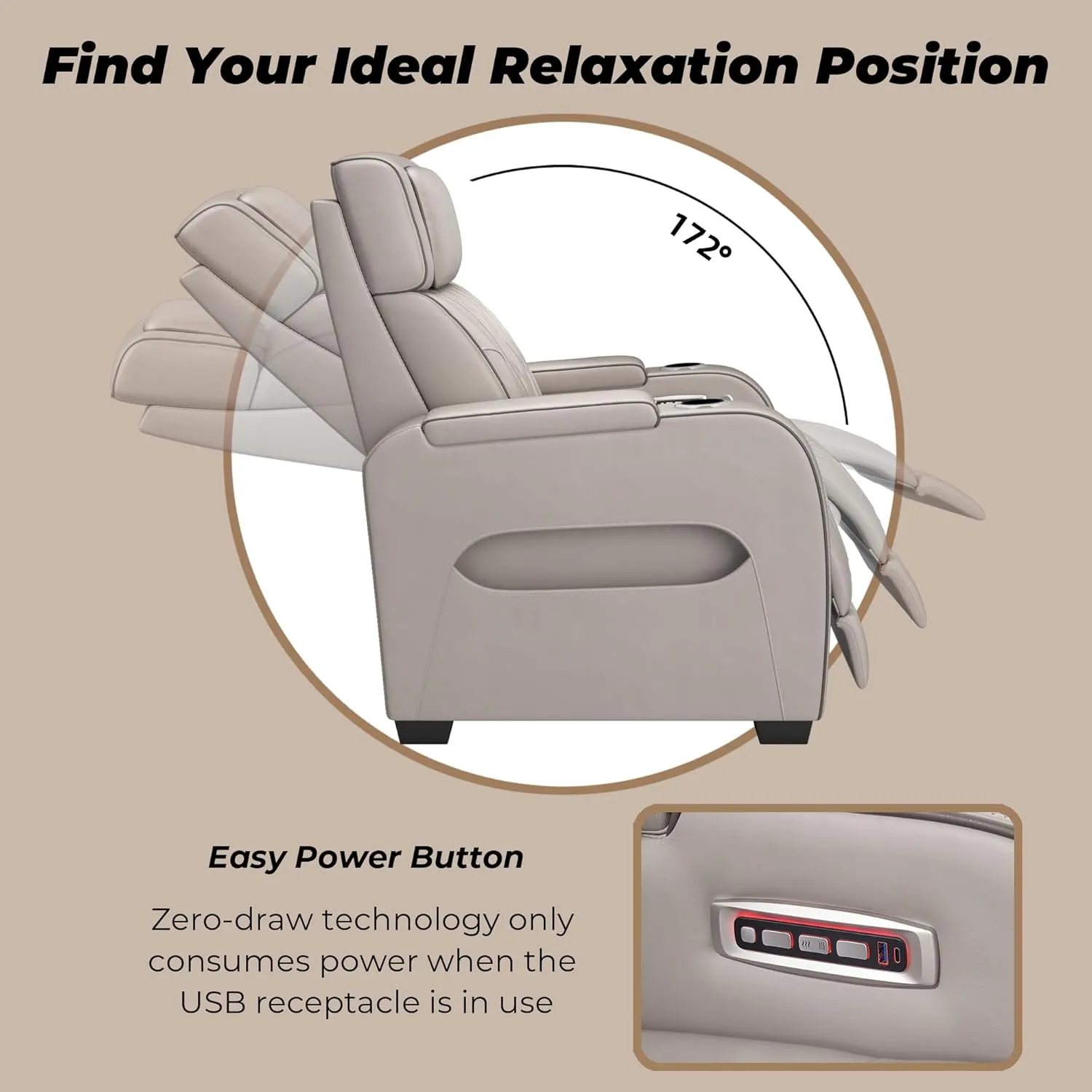 Signature Design by Ashley Boyington Contemporary Leather Match Power Reclining Loveseat with Console and USB Charging Ports, LED Lights and Adjustable Headrest, Light Gray