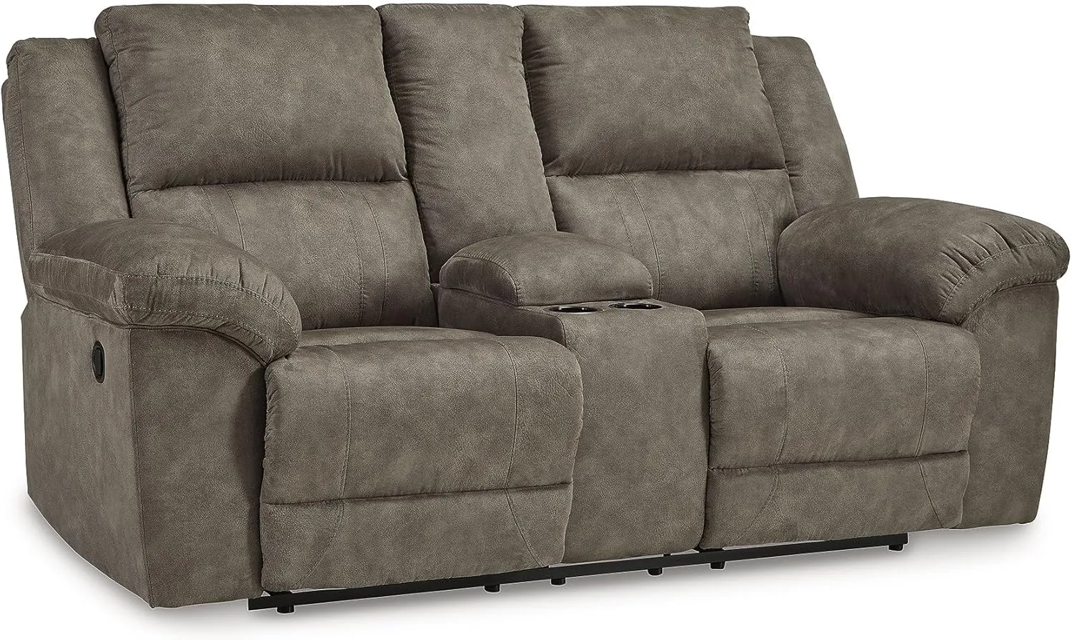 Signature Design by Ashley Laresview Contemporary Faux Leather Manual Double Reclining Loveseat with Console, Storage and Cup Holders, Gray