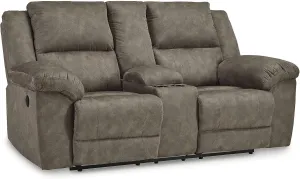 Signature Design by Ashley Laresview Contemporary Faux Leather Manual Double Reclining Loveseat with Console, Storage and Cup Holders, Gray