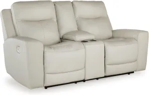 Signature Design by Ashley Mindanao Modern Leather Match Power Reclining Loveseat with Console, Adjustable Headrest and USB Ports, Light Gray