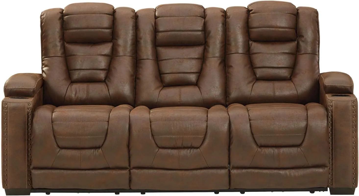 Signature Design by Ashley Owner's Box Faux Leather Power Reclining Sofa with Adjustable Headrest, Brown