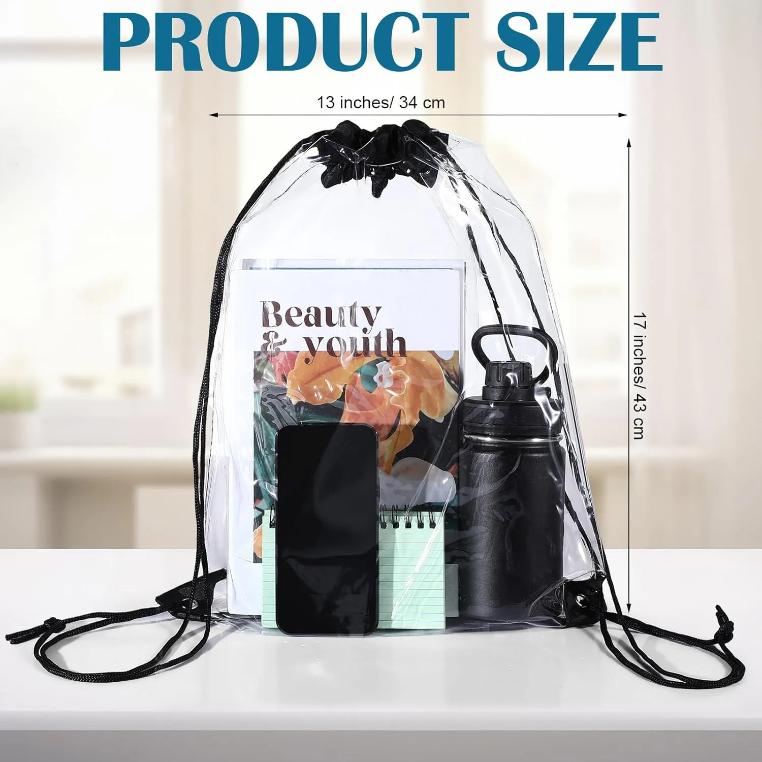 Silkfly 50 Pcs Clear Drawstring Backpacks Bulk Stadium Approved Bags for Men Women Gym Sport Colleges Event Security(Black)