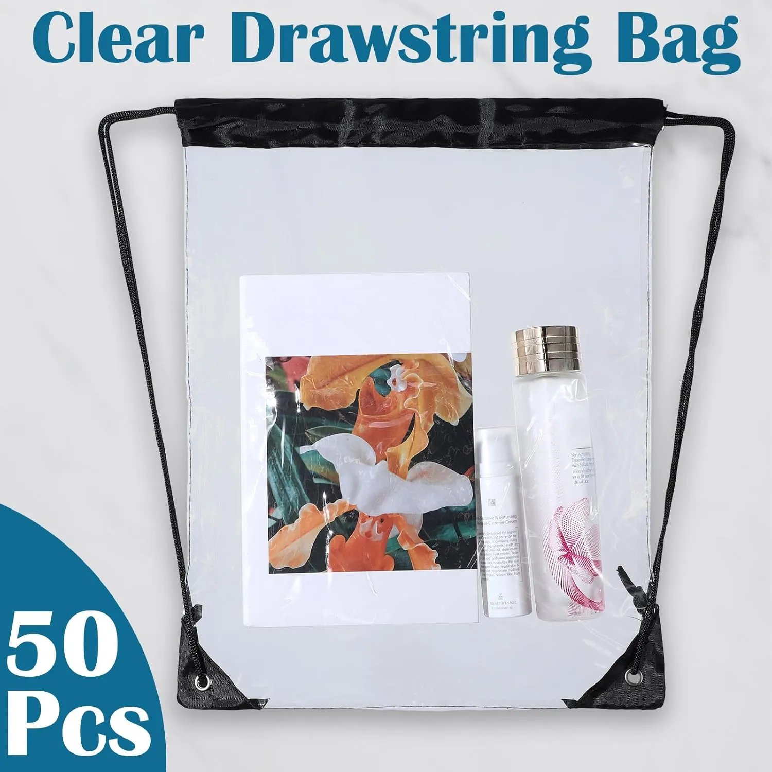 Silkfly 50 Pcs Clear Drawstring Backpacks Bulk Stadium Approved Bags for Men Women Gym Sport Colleges Event Security(Black)