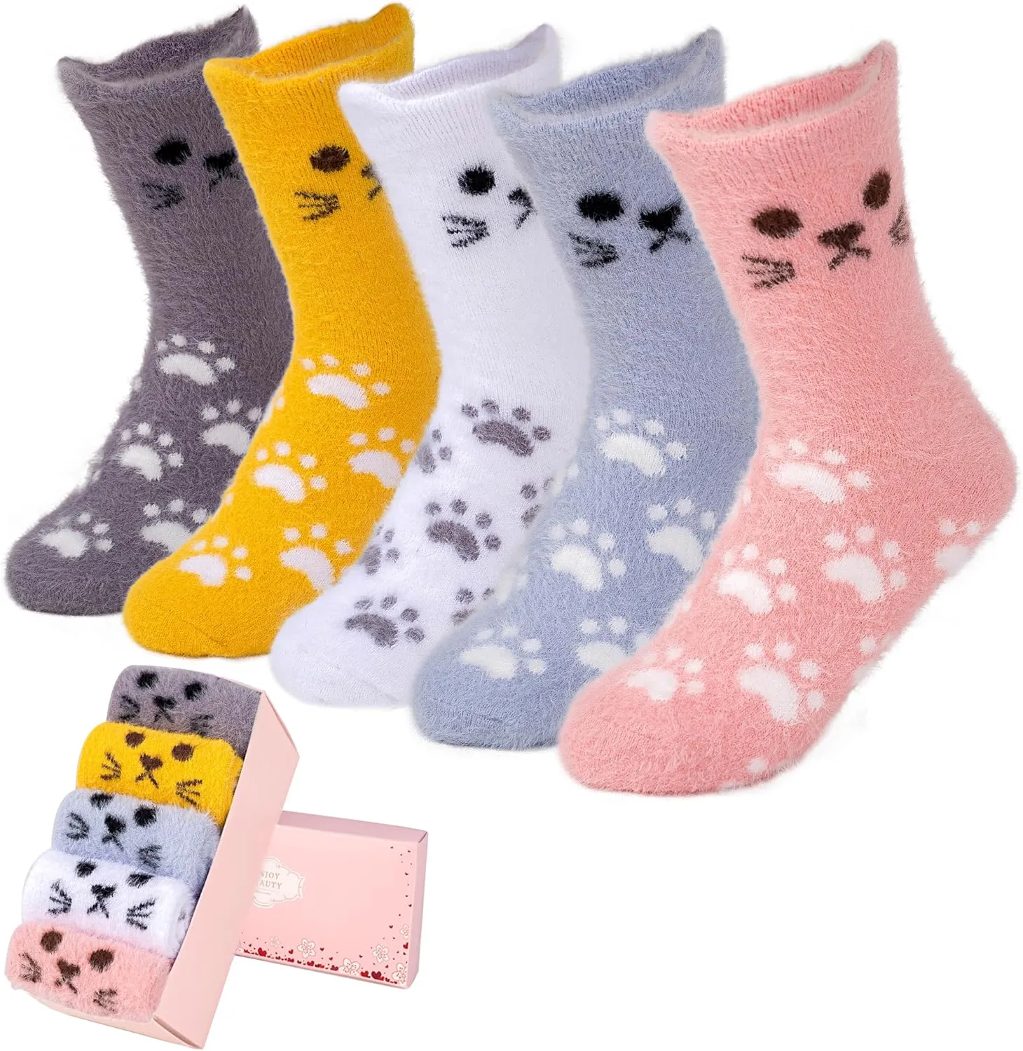 SISOSOCK Fuzzy Socks for Women Cute Cat Paw Socks Women Winter Fluffy Cozy Slipper Socks With Gift Box for Women Girls