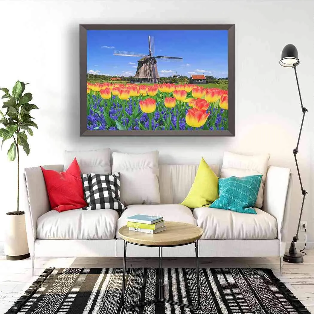 Siwacline 5D DIY Diamond Painting Kits, Landscape Diamond Painting, Tulip Blooms Classic Dutch Windmill Netherlands Countryside Spring Canvas Wall Art Full Drill Cross Stitch, 16x20 Inch Yellow Blue