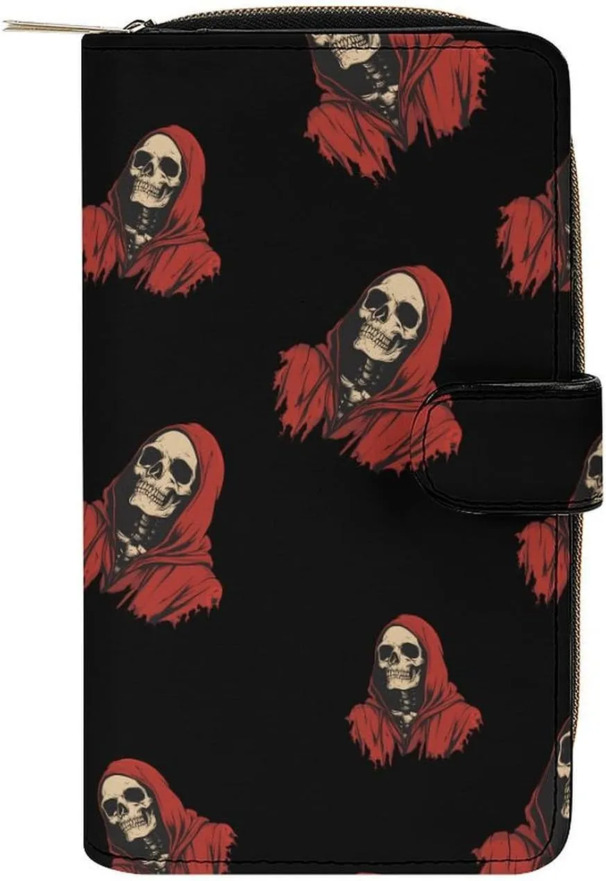 Skeleton Horror Grim Reaper Stylish Leather Wallet Womens Mens Slim Purse Secure Card Holder Durable Bifold Clutch Handbag