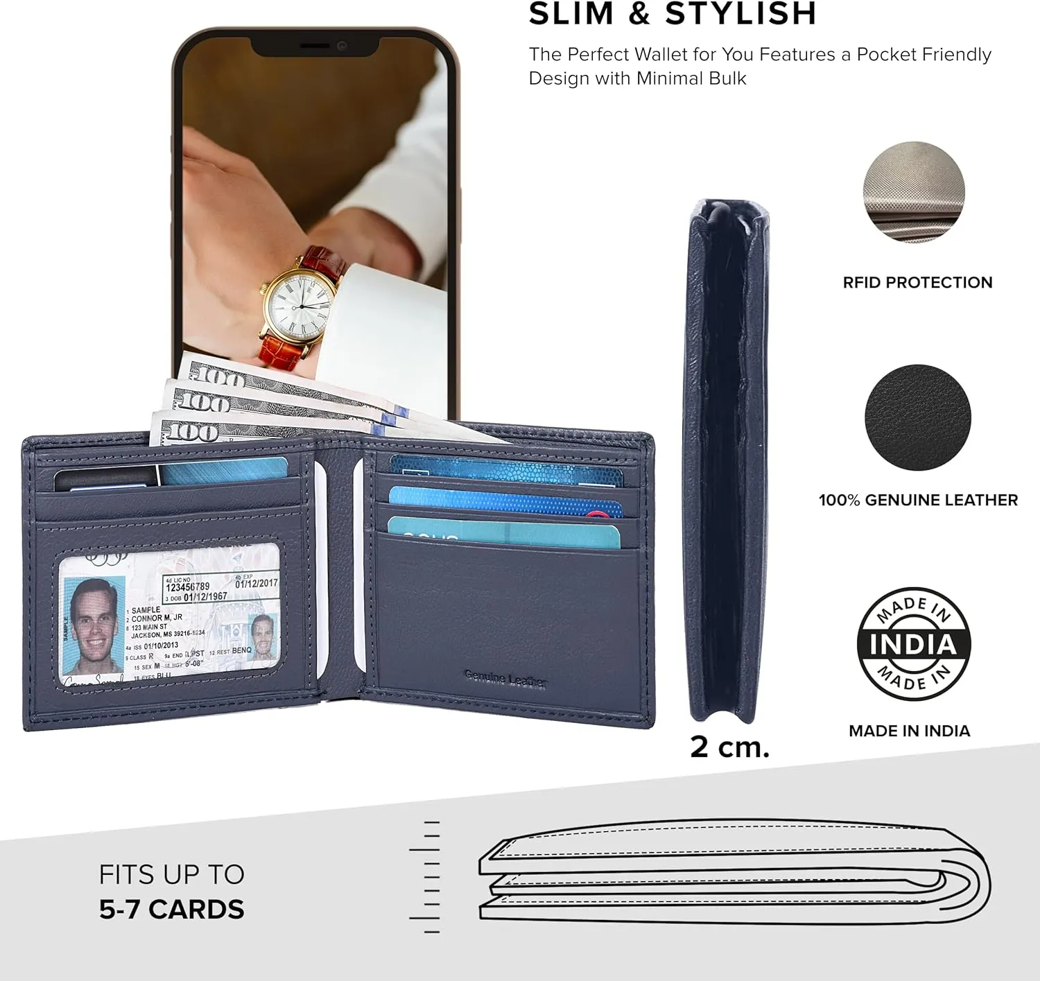 Slim Leather Wallet for Men - RFID Blocking Slim Minimalist Front Pocket - Thin & Stylish with ID Window, Gift For Men