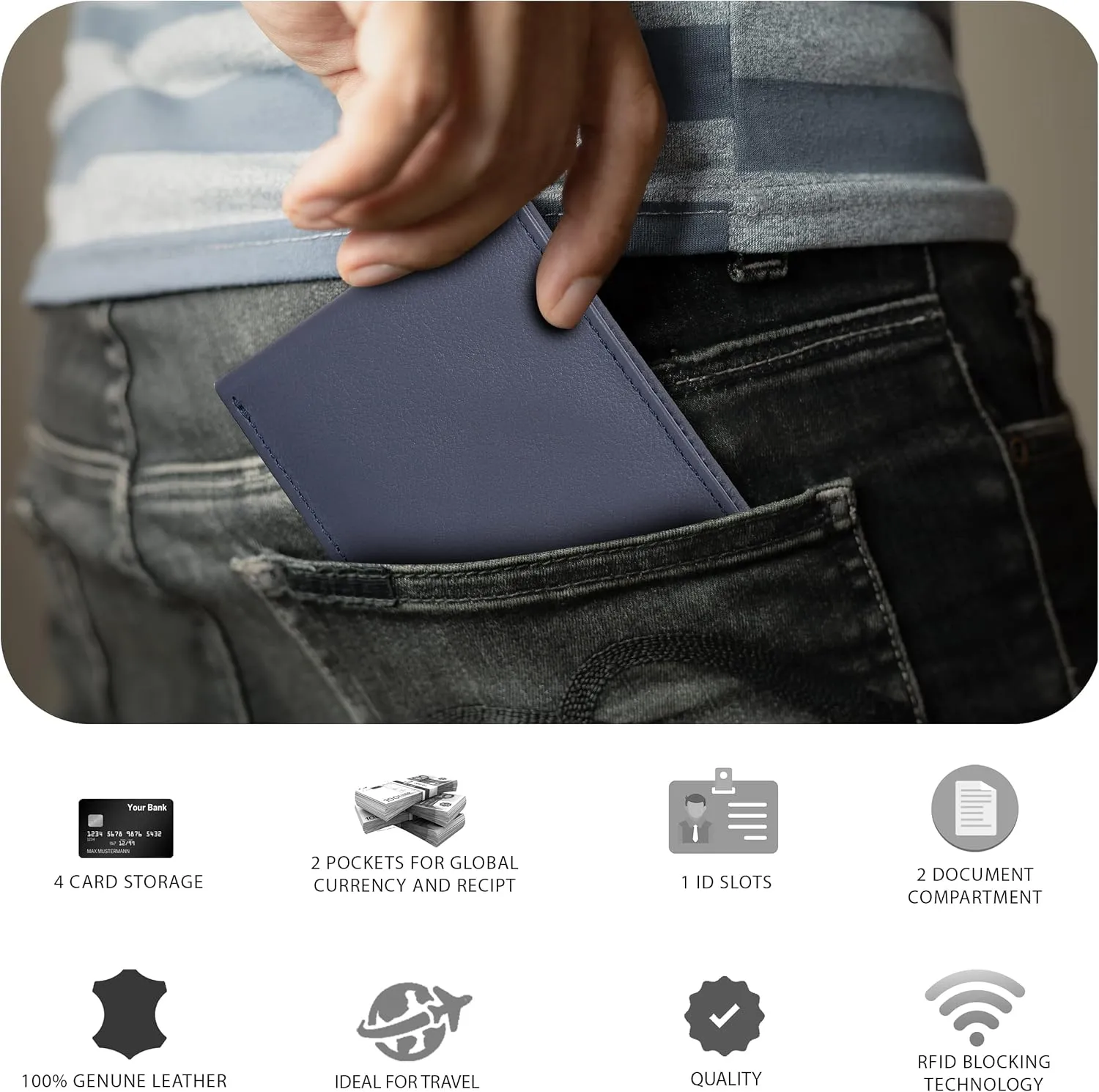 Slim Leather Wallet for Men - RFID Blocking Slim Minimalist Front Pocket - Thin & Stylish with ID Window, Gift For Men