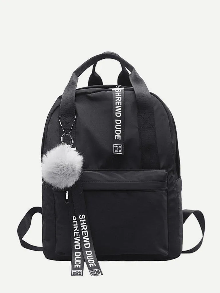 Slogan Ribbon & Pom Pom Decor Backpack