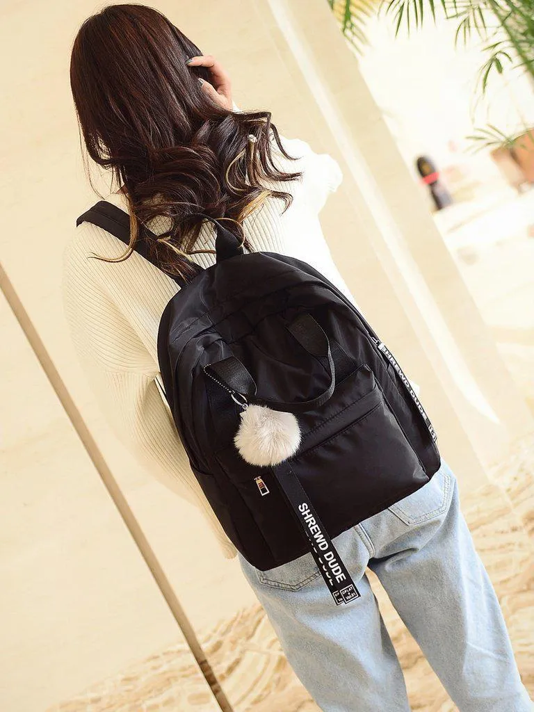 Slogan Ribbon & Pom Pom Decor Backpack