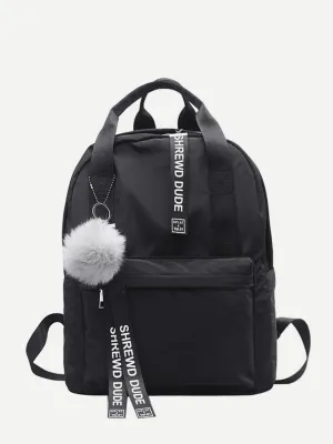 Slogan Ribbon & Pom Pom Decor Backpack