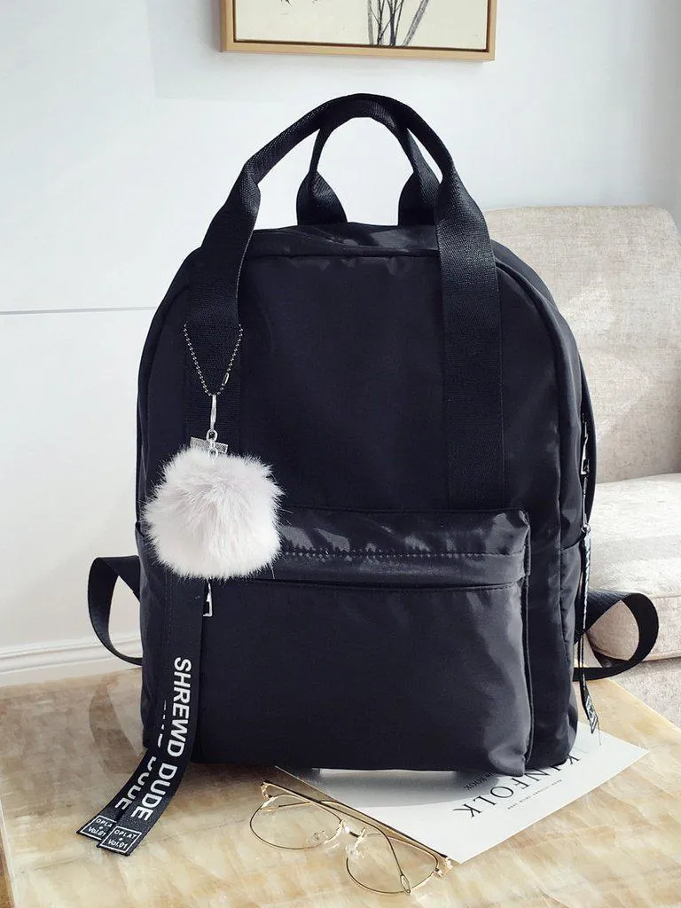 Slogan Ribbon & Pom Pom Decor Backpack