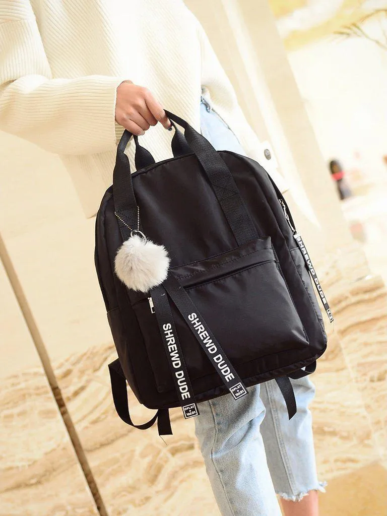 Slogan Ribbon & Pom Pom Decor Backpack