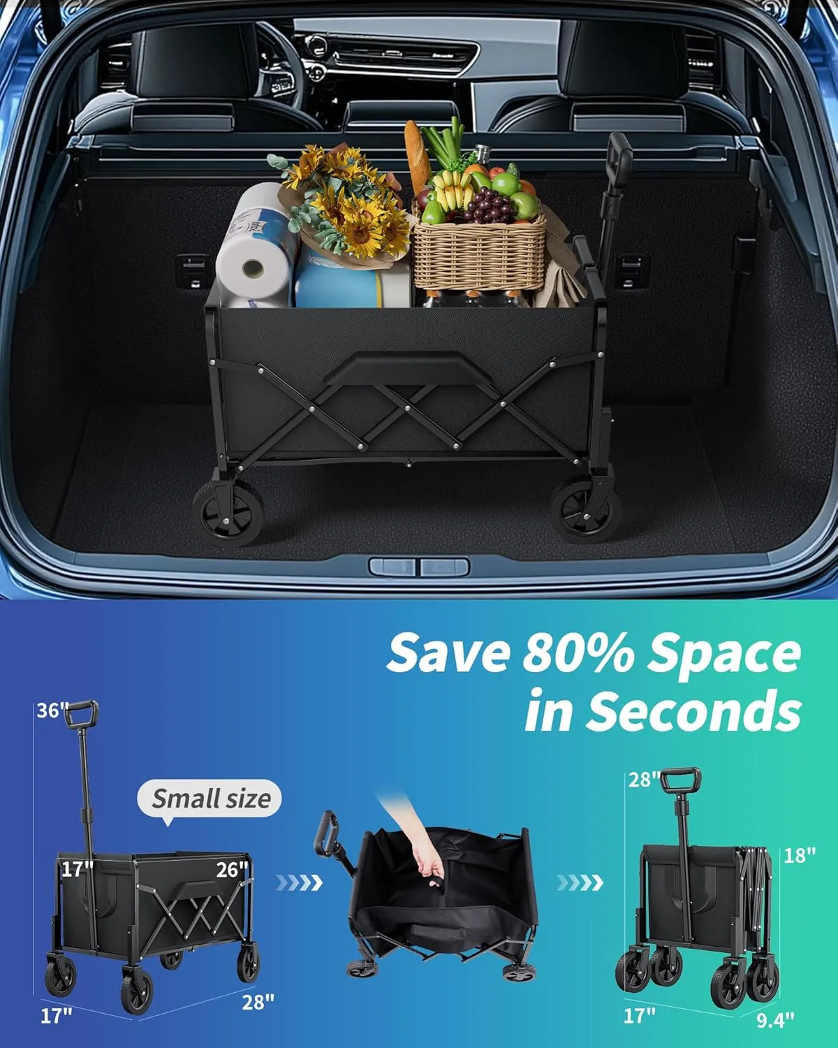 Small Collapsible Wagon with Wheels, Foldable Carts with 200lbs Load Capacity, Dog Wagon, Utility Shopping Cart for Groceries, Sports, Camping, Garden, Fishing, Black