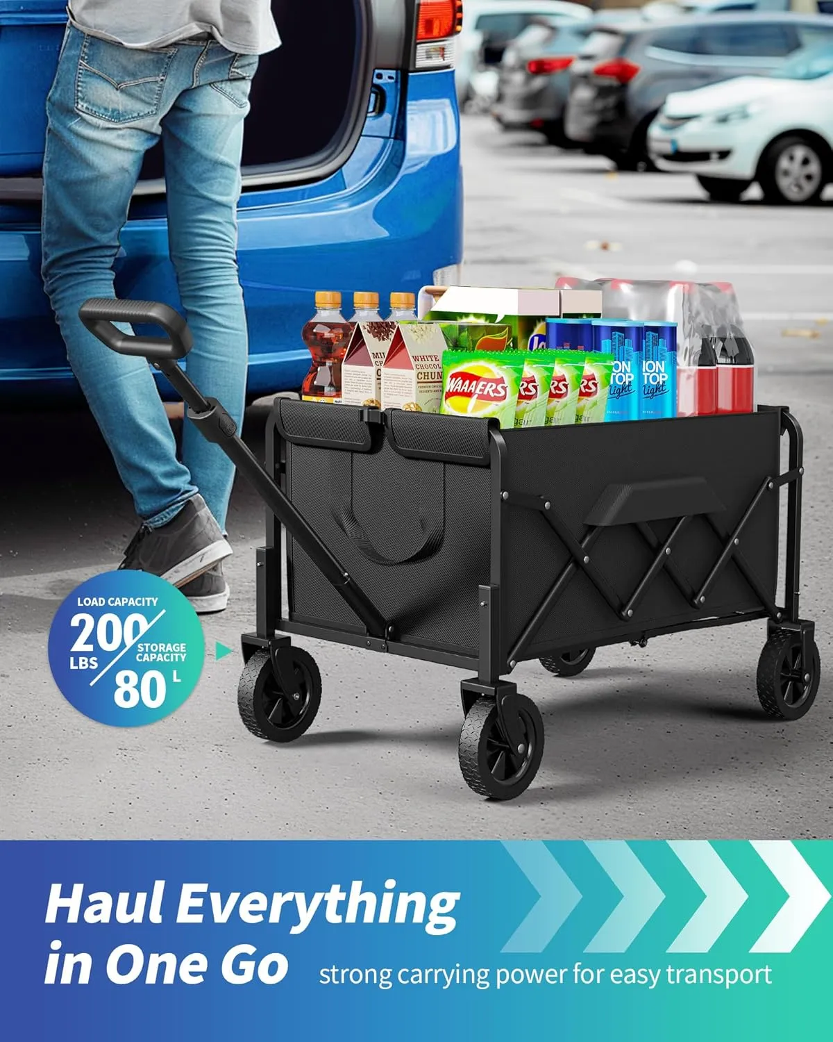 Small Collapsible Wagon with Wheels, Foldable Carts with 200lbs Load Capacity, Dog Wagon, Utility Shopping Cart for Groceries, Sports, Camping, Garden, Fishing, Black