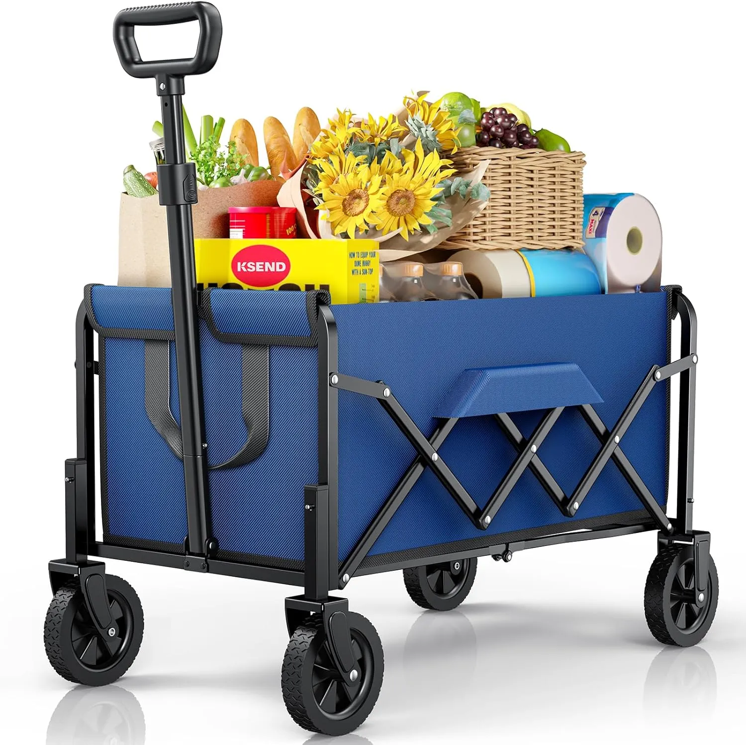 Small Collapsible Wagon with Wheels, Foldable Carts with 200lbs Load Capacity, Dog Wagon, Utility Shopping Cart for Groceries, Sports, Camping, Garden, Fishing, Blue
