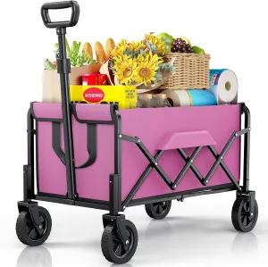 Small Collapsible Wagon with Wheels, Foldable Carts with 200lbs Load Capacity, Dog Wagon, Utility Shopping Cart for Groceries, Sports, Camping, Garden, Fishing, Pink