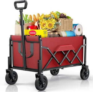 Small Collapsible Wagon with Wheels, Foldable Carts with 200lbs Load Capacity, Dog Wagon, Utility Shopping Cart for Groceries, Sports, Camping, Garden, Fishing, Red