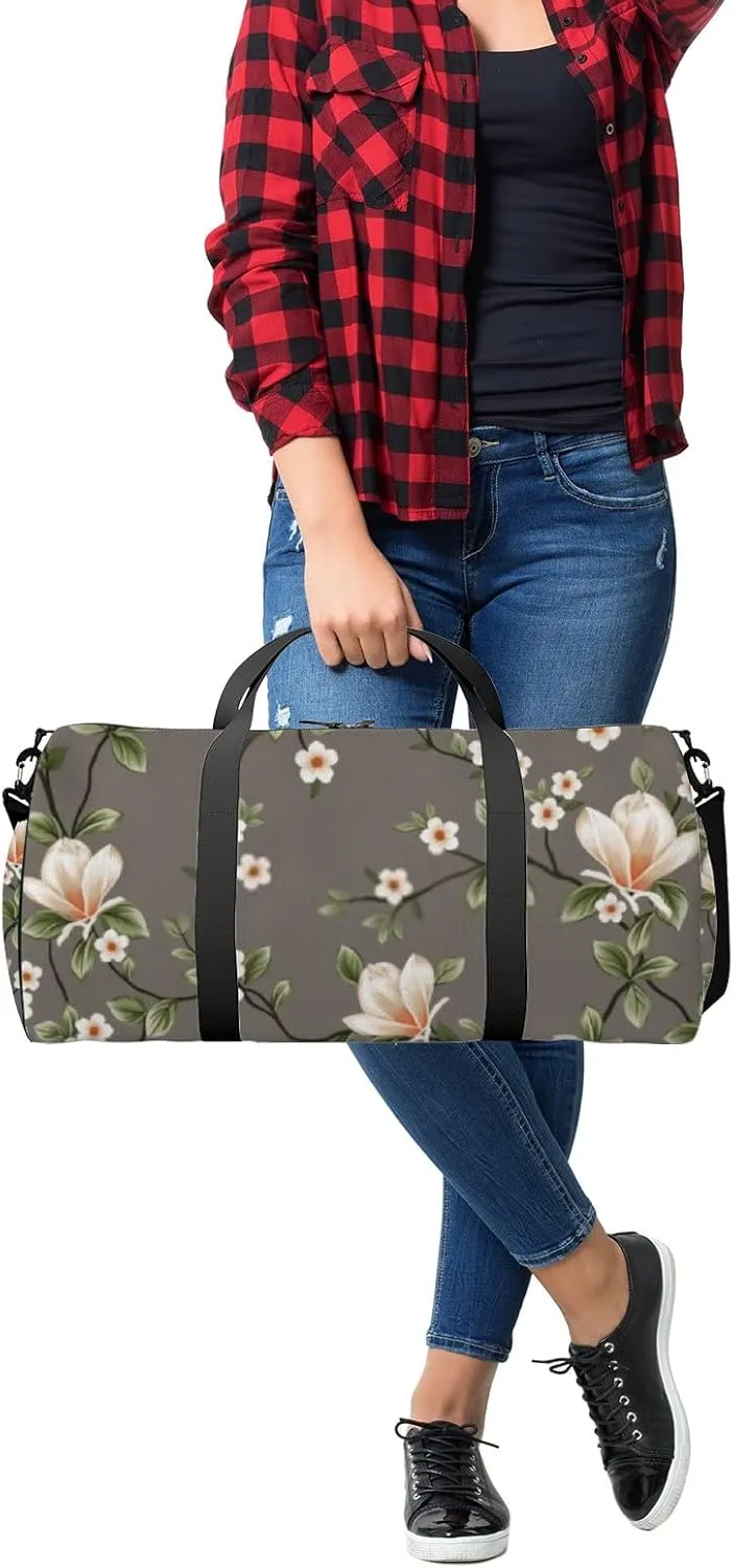 Small Flowers with Green Leaves Sports Duffel Bag Travel Gym Tote Bags Lightweight Durable Shoulder Strap Waterproof Polyester Outside Mesh Pocket Overnight Trip Duffel Bag for Women Men