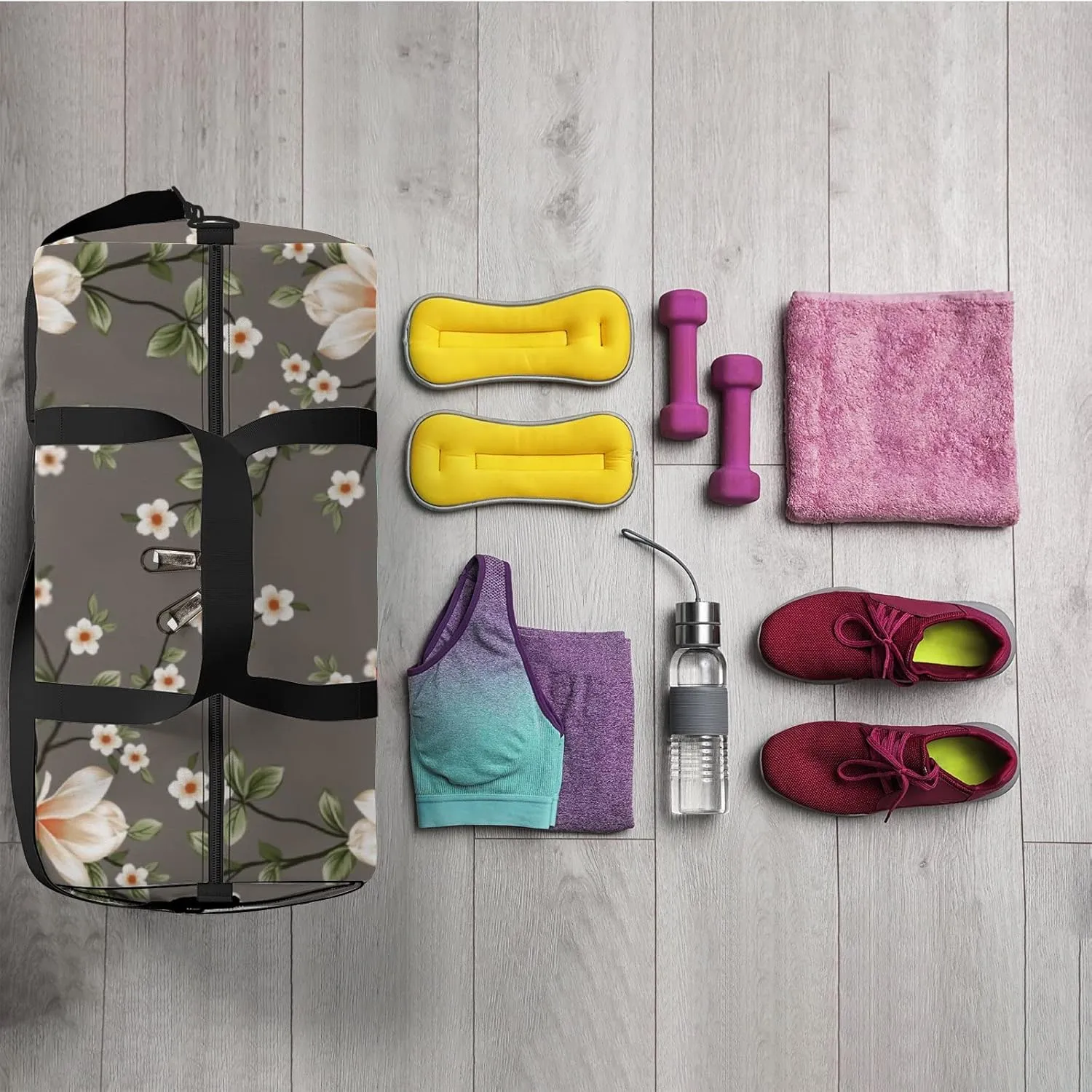 Small Flowers with Green Leaves Sports Duffel Bag Travel Gym Tote Bags Lightweight Durable Shoulder Strap Waterproof Polyester Outside Mesh Pocket Overnight Trip Duffel Bag for Women Men