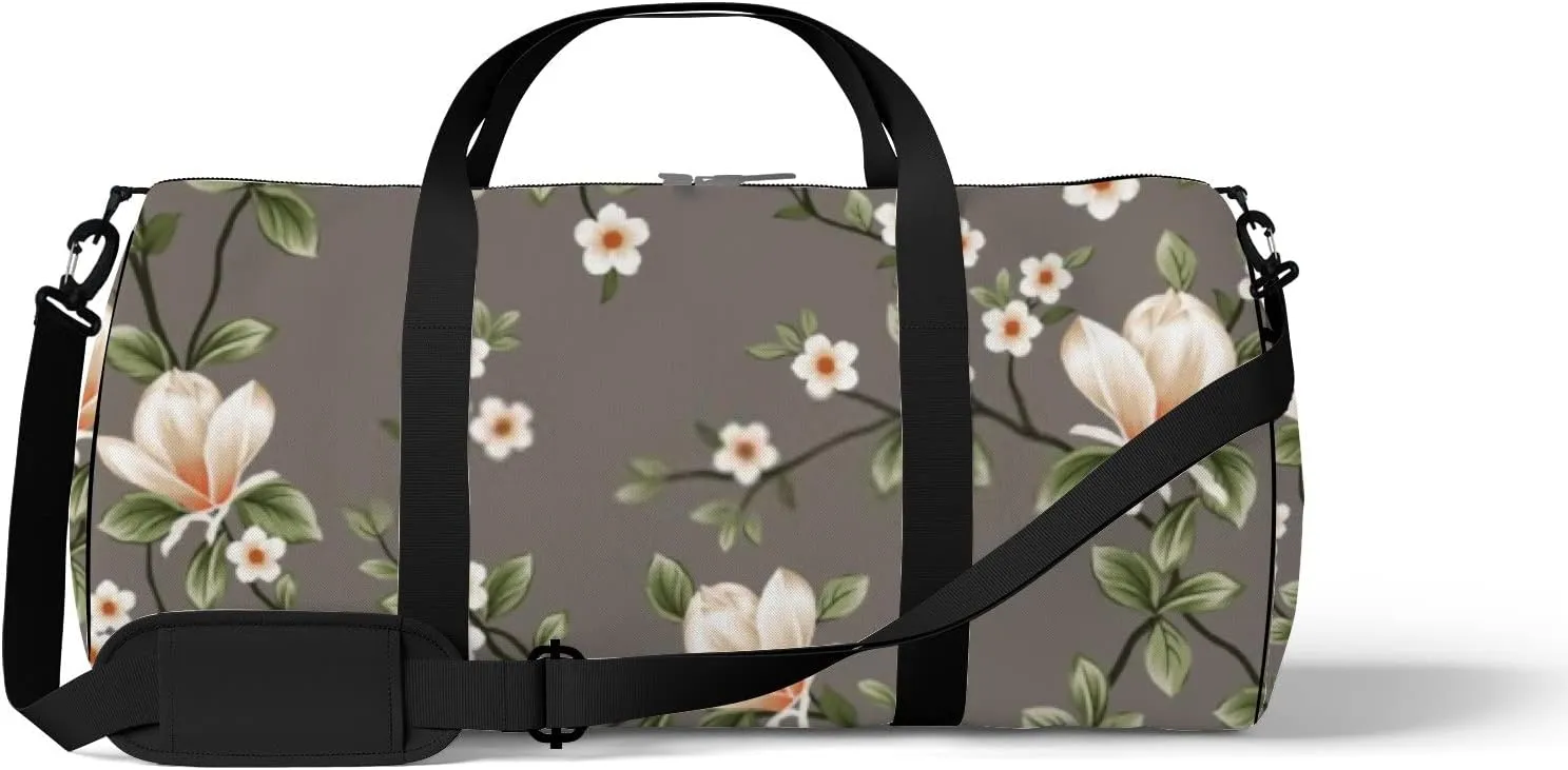Small Flowers with Green Leaves Sports Duffel Bag Travel Gym Tote Bags Lightweight Durable Shoulder Strap Waterproof Polyester Outside Mesh Pocket Overnight Trip Duffel Bag for Women Men