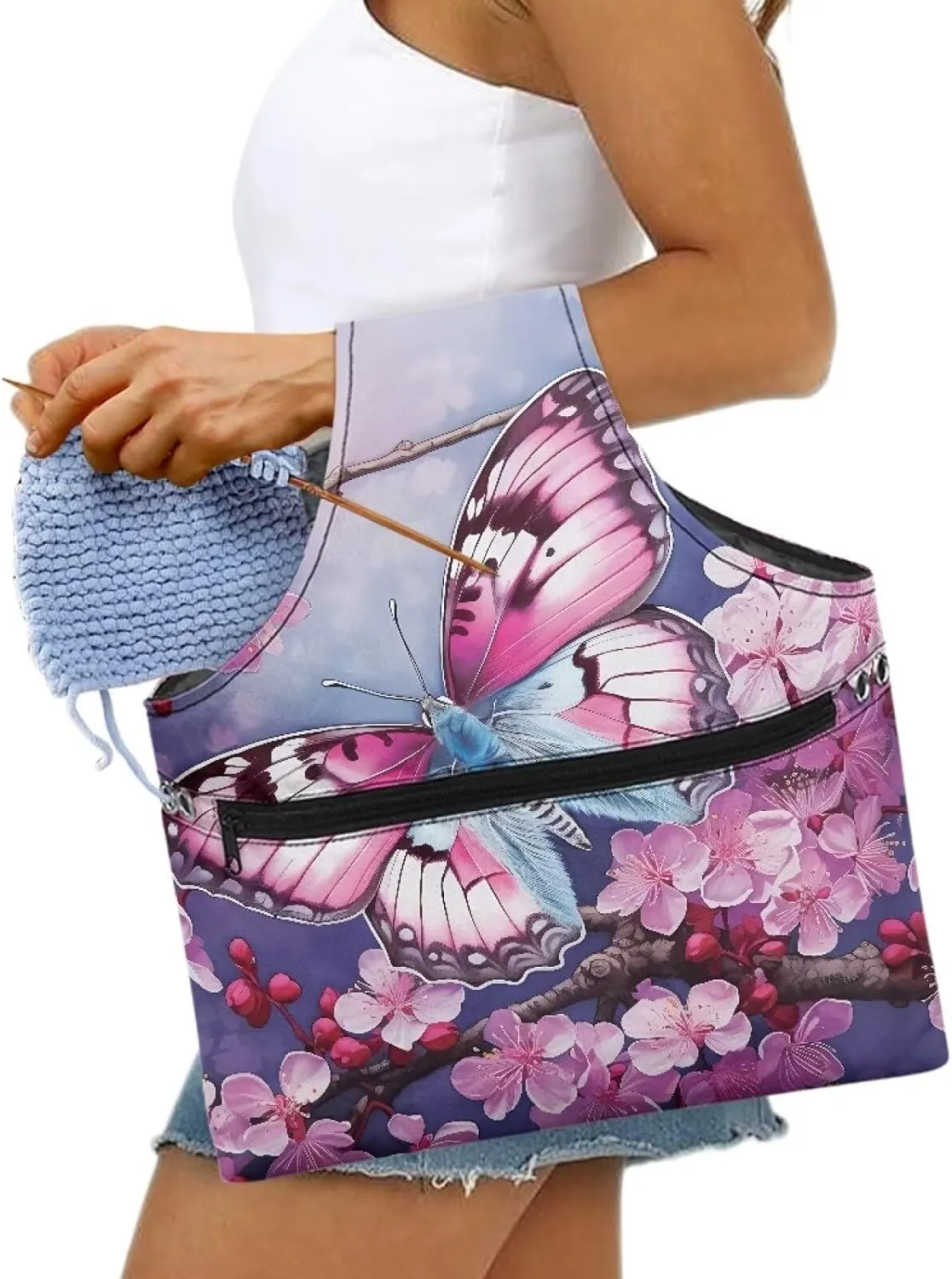 Snilety Butterfly Embroidery Project Bag, Needlework Kits Storage Bag with Multiple Pockets for Crochet Hooks Embroidery Floss and Other Sewing Accessories Portable Shopping Handbag
