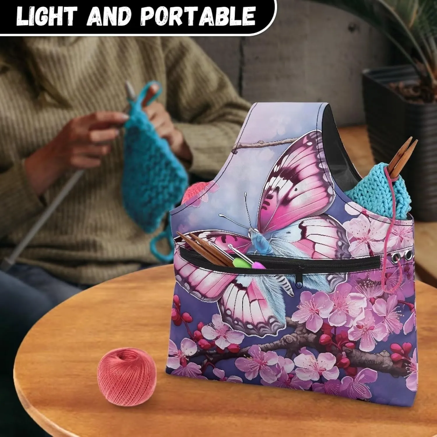 Snilety Butterfly Embroidery Project Bag, Needlework Kits Storage Bag with Multiple Pockets for Crochet Hooks Embroidery Floss and Other Sewing Accessories Portable Shopping Handbag