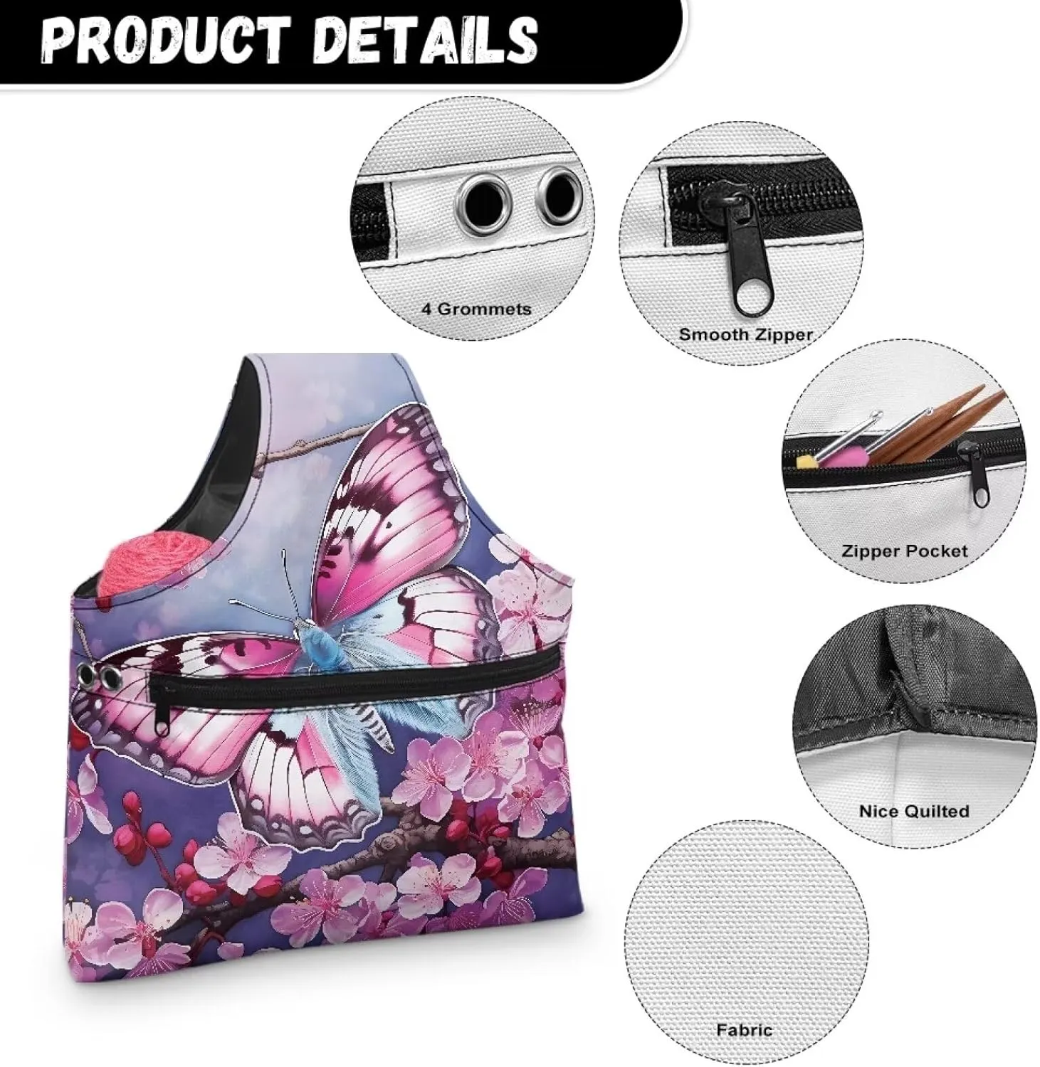Snilety Butterfly Embroidery Project Bag, Needlework Kits Storage Bag with Multiple Pockets for Crochet Hooks Embroidery Floss and Other Sewing Accessories Portable Shopping Handbag