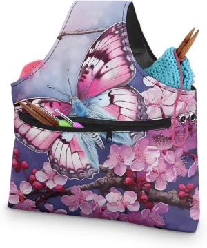 Snilety Butterfly Embroidery Project Bag, Needlework Kits Storage Bag with Multiple Pockets for Crochet Hooks Embroidery Floss and Other Sewing Accessories Portable Shopping Handbag