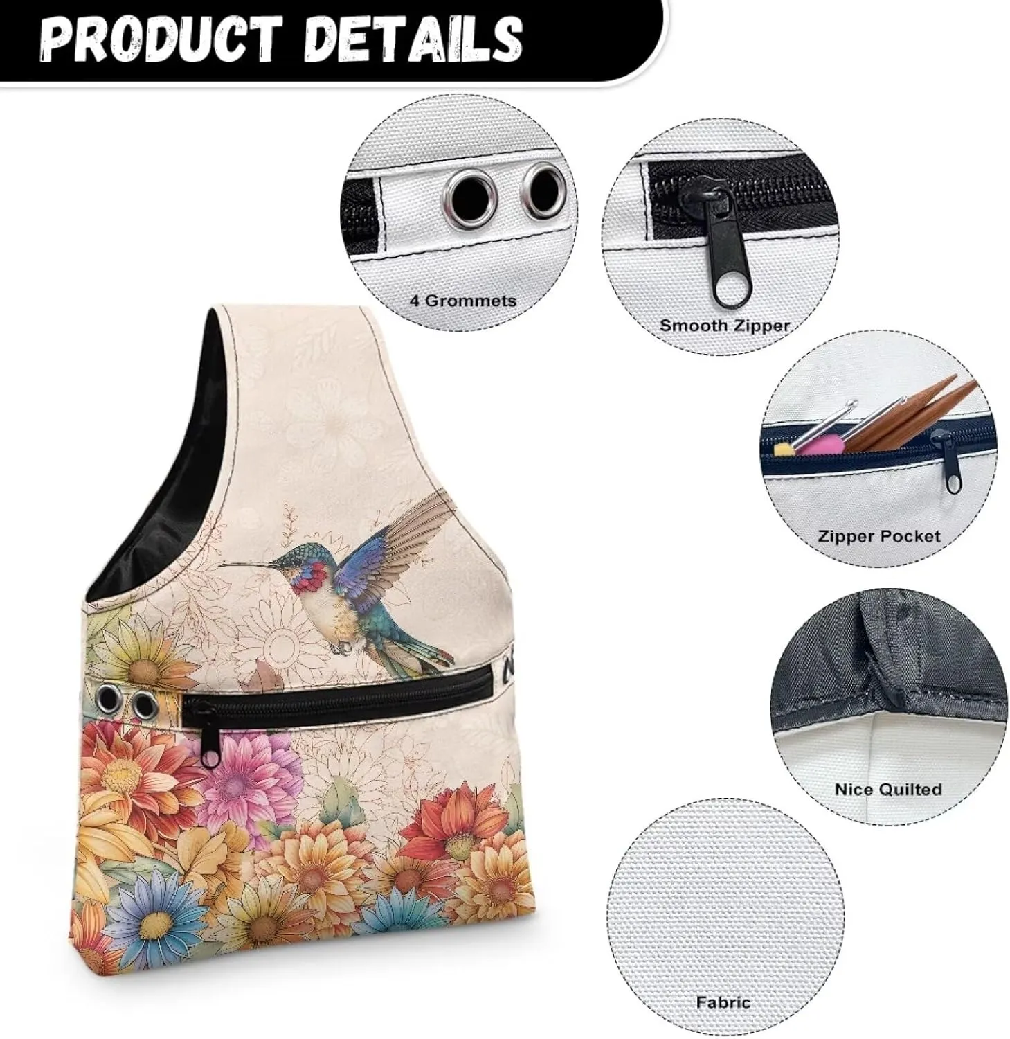 Snilety Hummingbird Yarn Storage Bag Canvas Embroidery Project Bag with Front Zipper Pocket Portable Knitting Tote Bag Lightweight Shopping Handbag Needlework Accessories, Bag Only