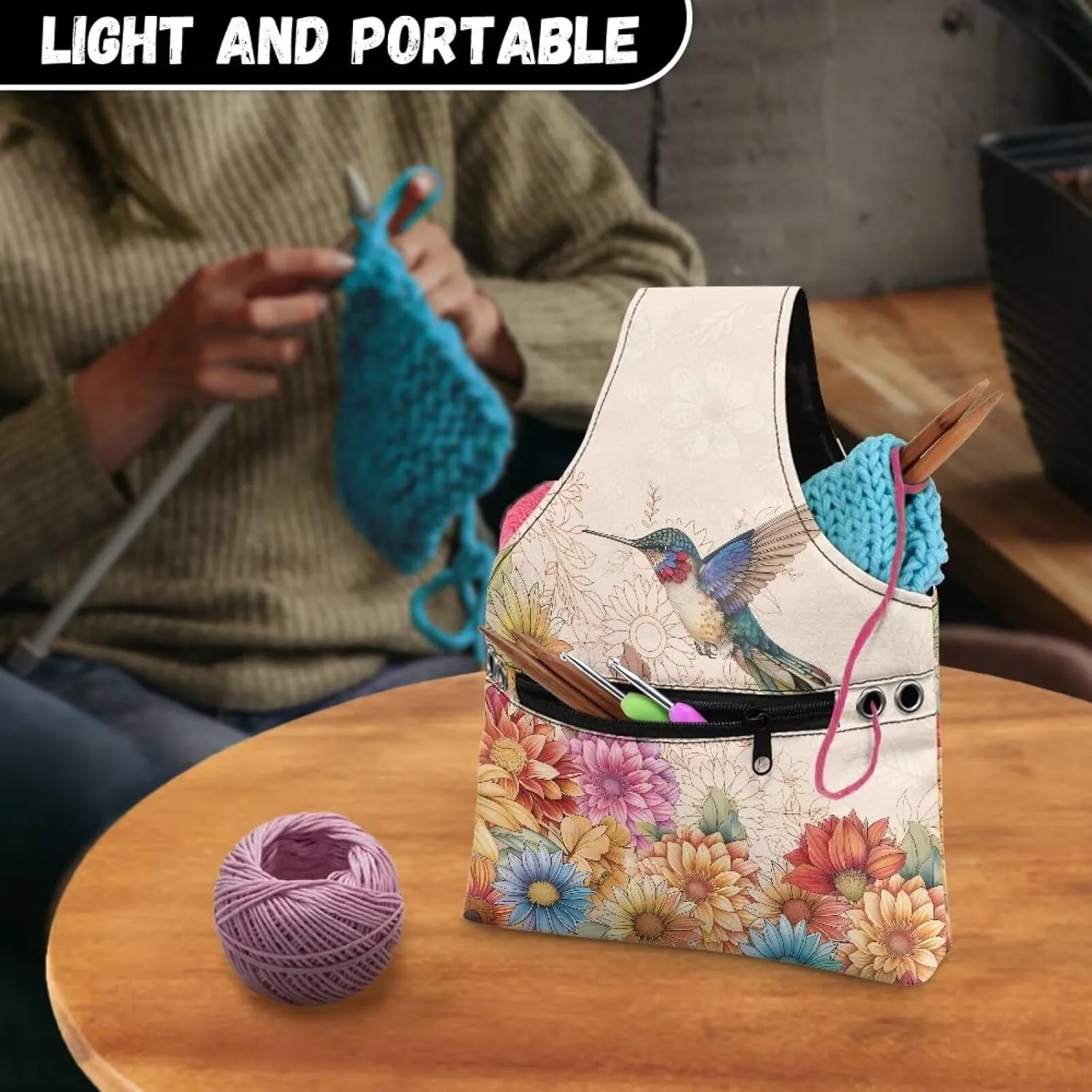 Snilety Hummingbird Yarn Storage Bag Canvas Embroidery Project Bag with Front Zipper Pocket Portable Knitting Tote Bag Lightweight Shopping Handbag Needlework Accessories, Bag Only