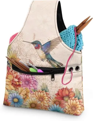 Snilety Hummingbird Yarn Storage Bag Canvas Embroidery Project Bag with Front Zipper Pocket Portable Knitting Tote Bag Lightweight Shopping Handbag Needlework Accessories, Bag Only