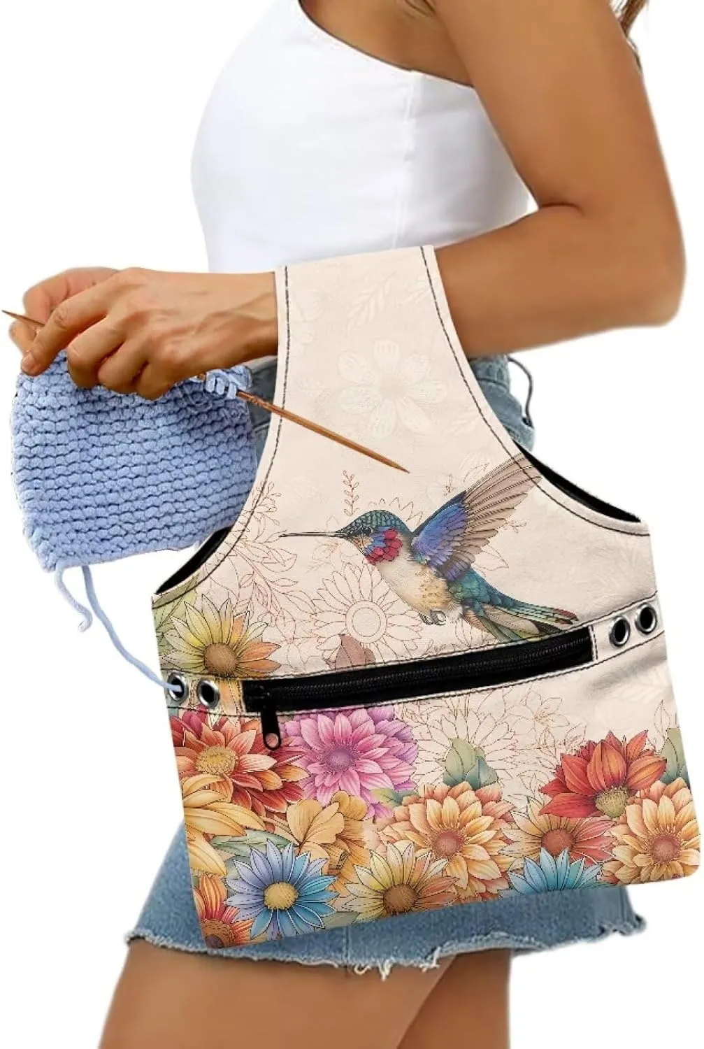 Snilety Hummingbird Yarn Storage Bag Canvas Embroidery Project Bag with Front Zipper Pocket Portable Knitting Tote Bag Lightweight Shopping Handbag Needlework Accessories, Bag Only