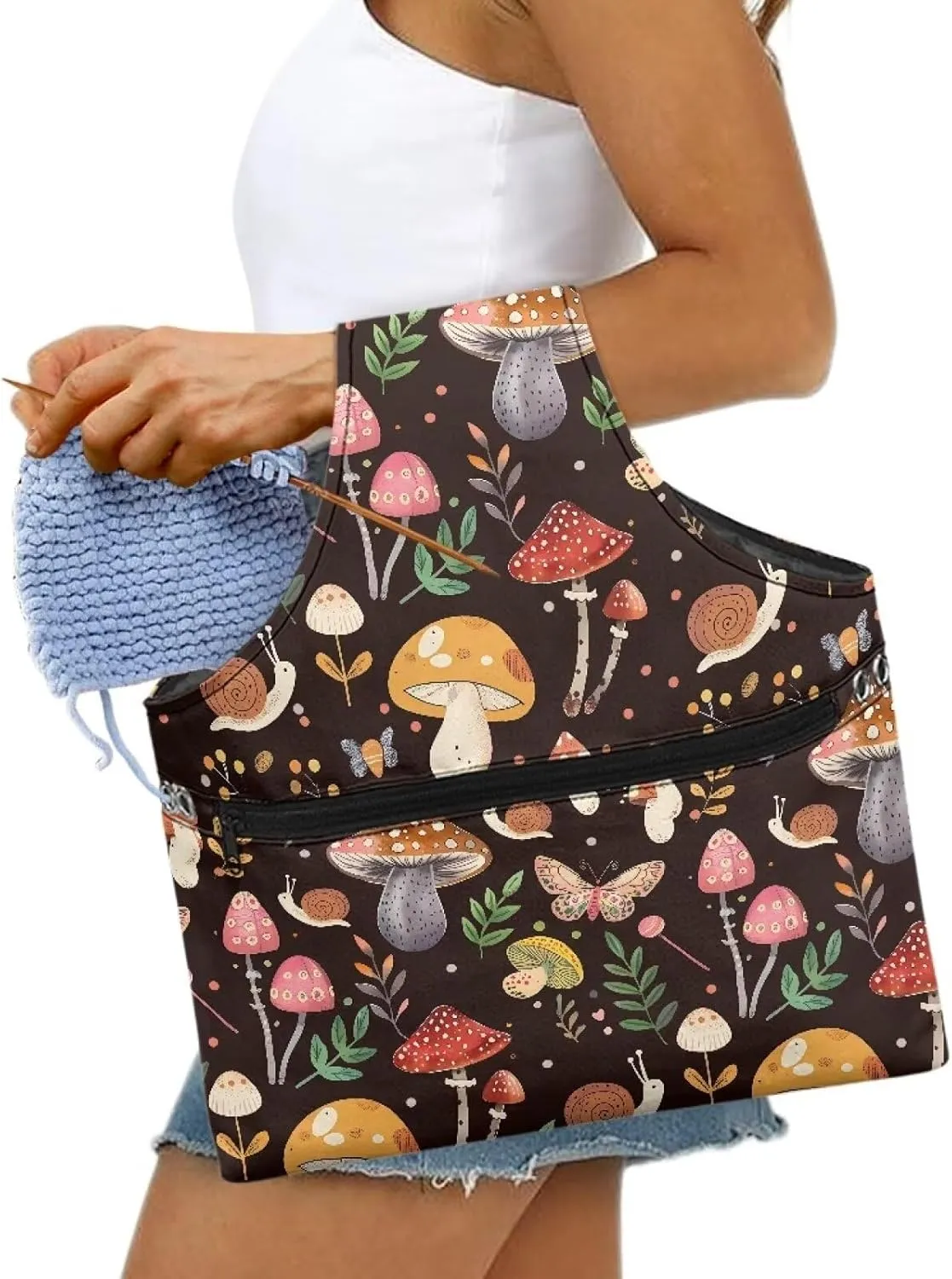 Snilety Mushroom Butterfly Travel Yarn Organizer Crochet Bag for Knitting Needles Sewing Tools Handles Knitting Bag Portable Shopping Handbag with Front Zipper Pocket Canvas Embroidery Storage Bag