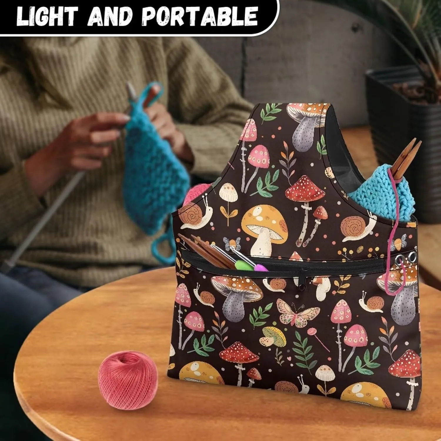 Snilety Mushroom Butterfly Travel Yarn Organizer Crochet Bag for Knitting Needles Sewing Tools Handles Knitting Bag Portable Shopping Handbag with Front Zipper Pocket Canvas Embroidery Storage Bag