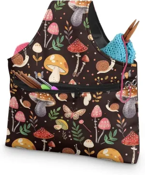 Snilety Mushroom Butterfly Travel Yarn Organizer Crochet Bag for Knitting Needles Sewing Tools Handles Knitting Bag Portable Shopping Handbag with Front Zipper Pocket Canvas Embroidery Storage Bag