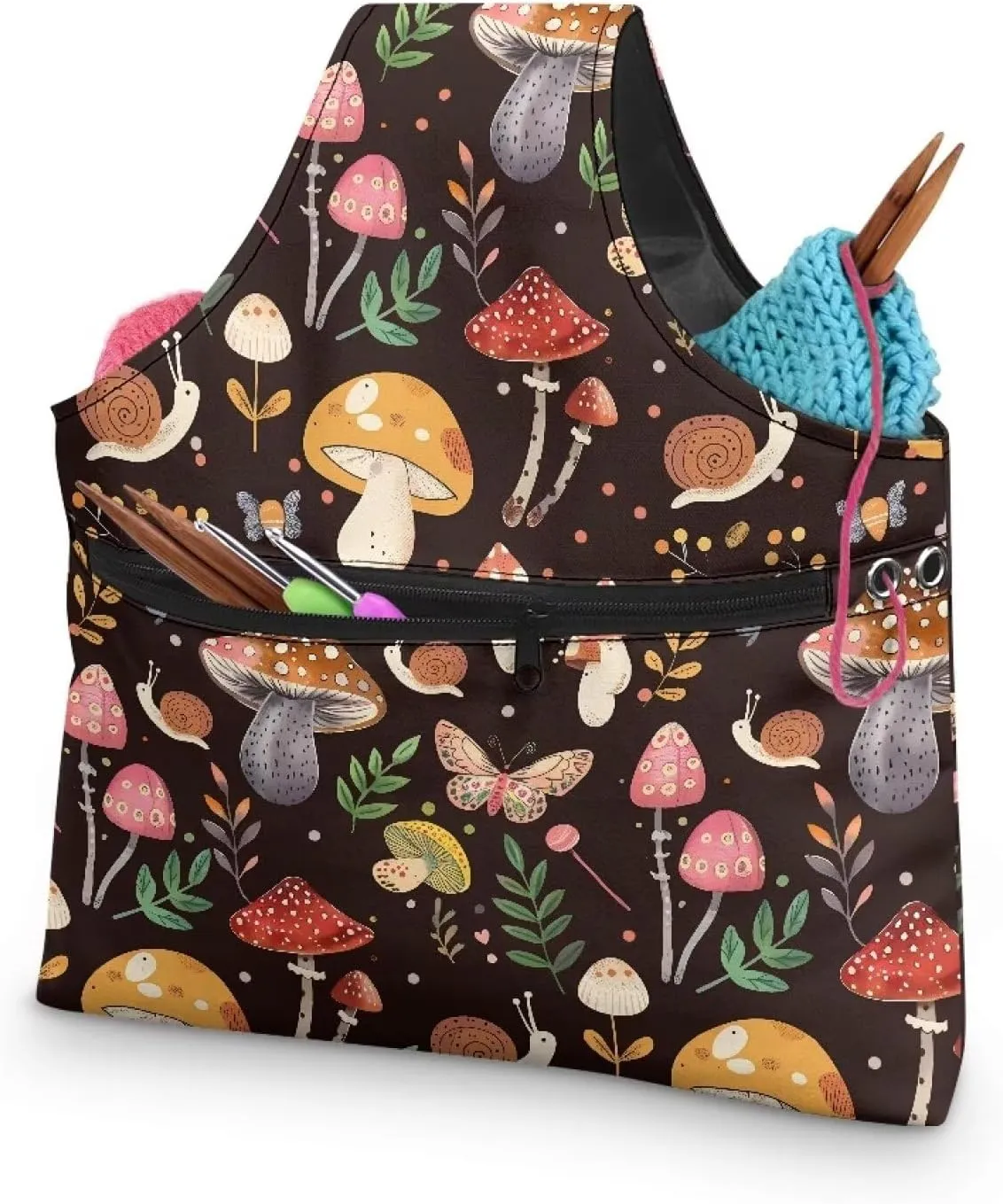 Snilety Mushroom Butterfly Travel Yarn Organizer Crochet Bag for Knitting Needles Sewing Tools Handles Knitting Bag Portable Shopping Handbag with Front Zipper Pocket Canvas Embroidery Storage Bag