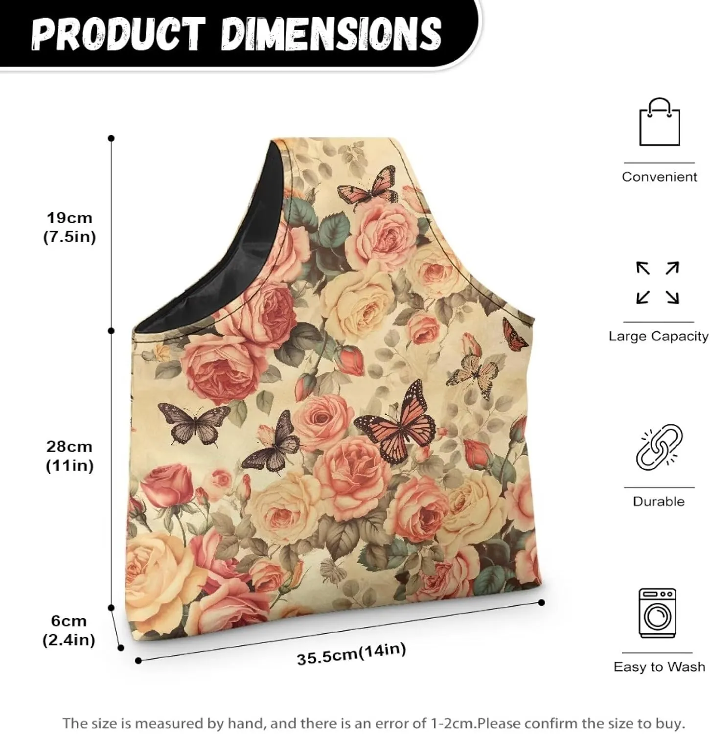 Snilety Rose Butterfly Yarn Kits Storage Bag (Bag Only), Fashion Shopping Handbag Embroidery Project Bag, Waterproof Canvas Needlework Tool Tite Bag with Fornt Zipper Pocket