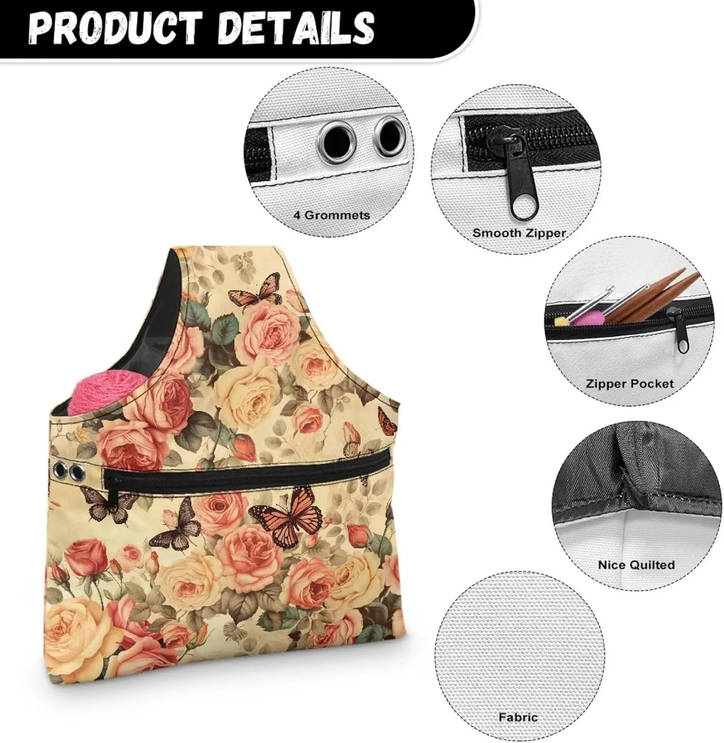 Snilety Rose Butterfly Yarn Kits Storage Bag (Bag Only), Fashion Shopping Handbag Embroidery Project Bag, Waterproof Canvas Needlework Tool Tite Bag with Fornt Zipper Pocket