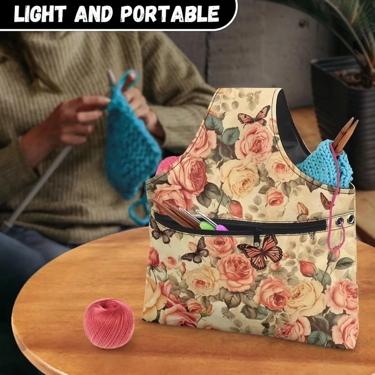 Snilety Rose Butterfly Yarn Kits Storage Bag (Bag Only), Fashion Shopping Handbag Embroidery Project Bag, Waterproof Canvas Needlework Tool Tite Bag with Fornt Zipper Pocket