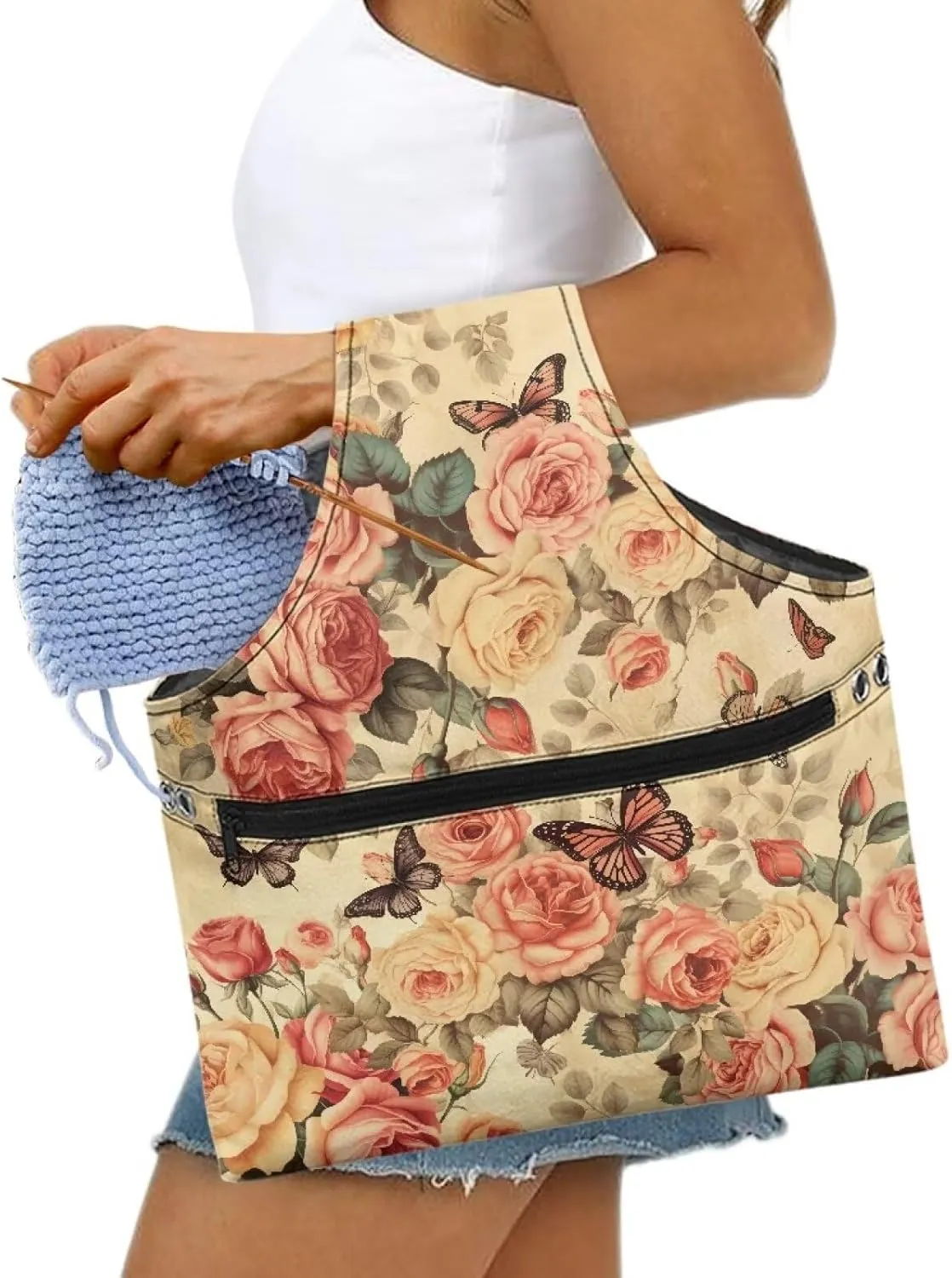 Snilety Rose Butterfly Yarn Kits Storage Bag (Bag Only), Fashion Shopping Handbag Embroidery Project Bag, Waterproof Canvas Needlework Tool Tite Bag with Fornt Zipper Pocket