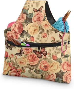Snilety Rose Butterfly Yarn Kits Storage Bag (Bag Only), Fashion Shopping Handbag Embroidery Project Bag, Waterproof Canvas Needlework Tool Tite Bag with Fornt Zipper Pocket