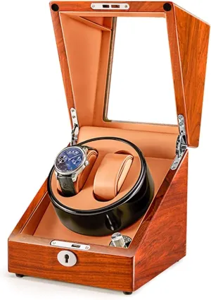 Solid Wood Double Watch Winder Box for Automatic Watches 4 Rotation Mode Supports USB Charging Silent Motor (B)